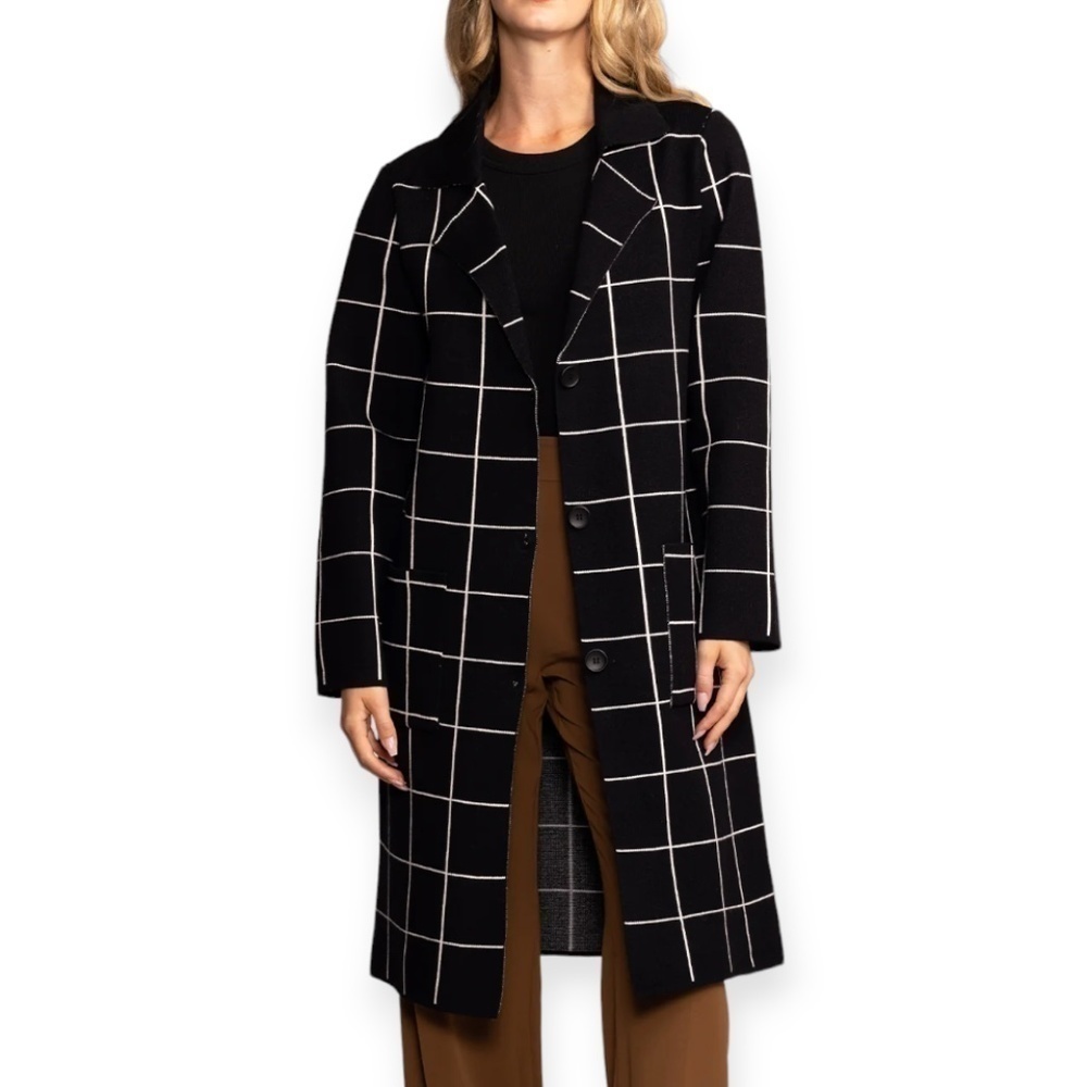 Joe Fresh Black White Plaid Long Oversized Jacket Coat Small